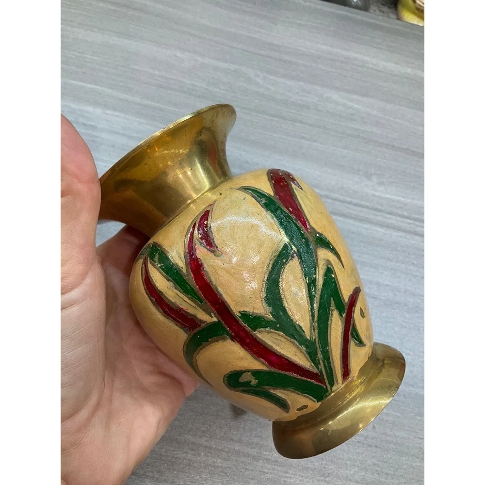 VINTAGE INDIAN BRASS HAND PAINTED ENAMEL JAR PITCHER AND VASE‎